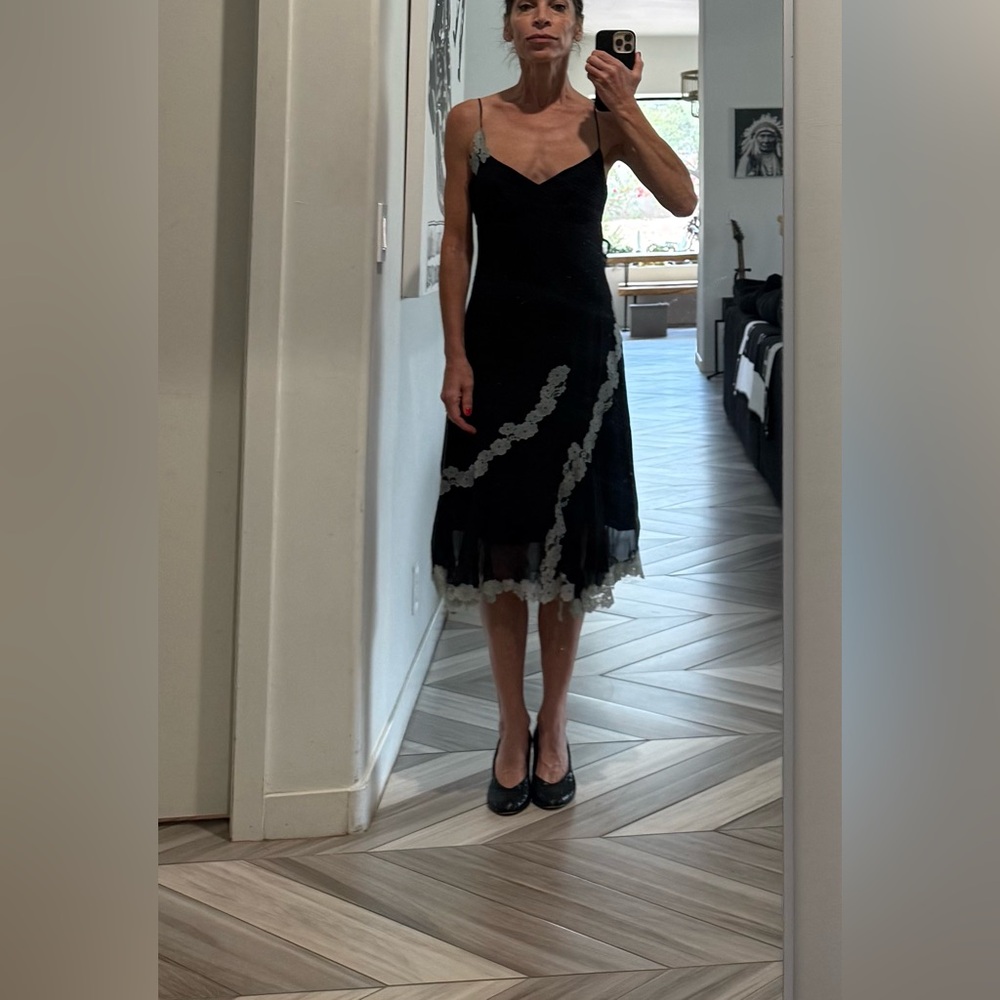 Vintage dress lingerie style fully lined Black w ice blue lace Small Y2K